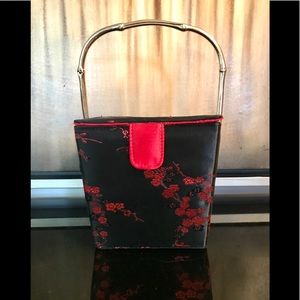Asian Inspired black Red purse, gold bamboo handle